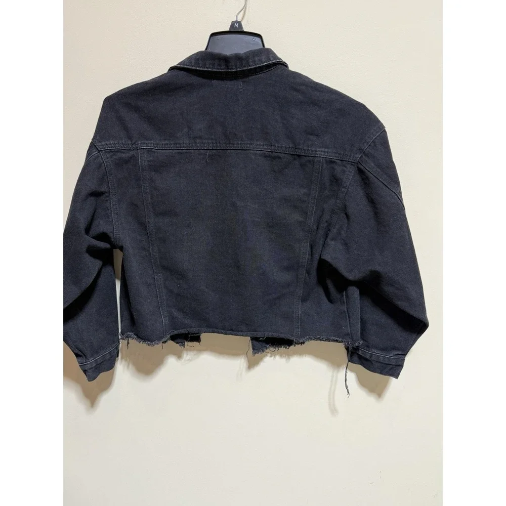 Lia Cher Women's Black Denim Jean Jacket Raw Hem Collared Pockets L 12-14 - Picture 2 of 9